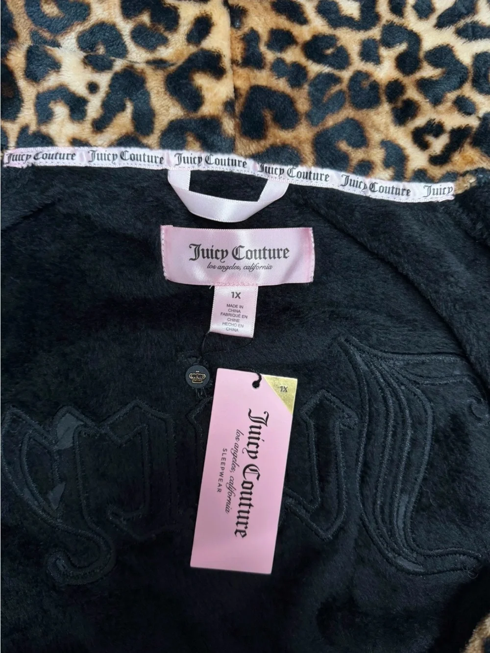 NWT Juicy Couture Plush Robe Black Leopard Print Embroidery Belted Plus Size 1X